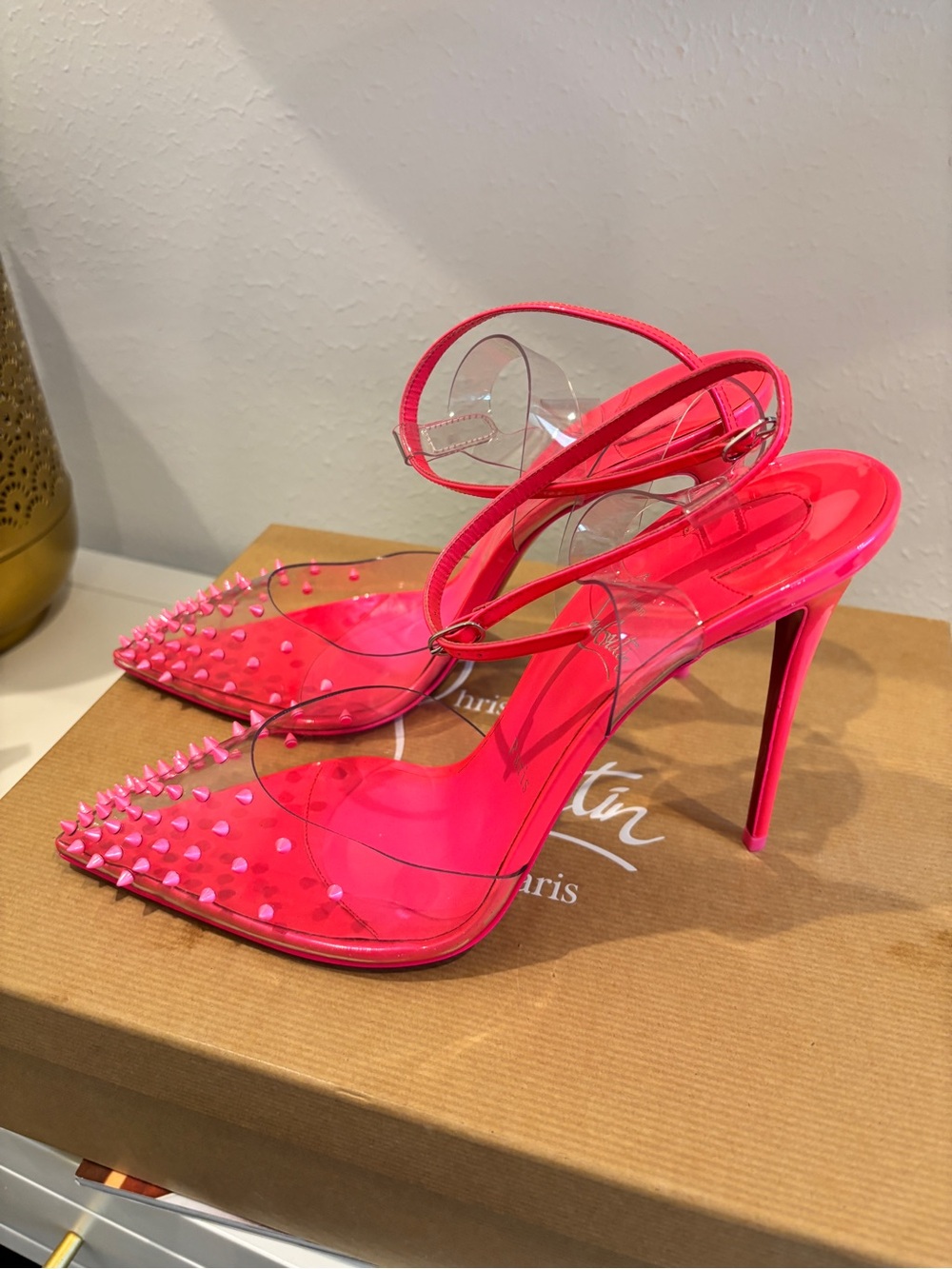 Christian Louboutin Neon Pink Spiked Slingback Stilettos